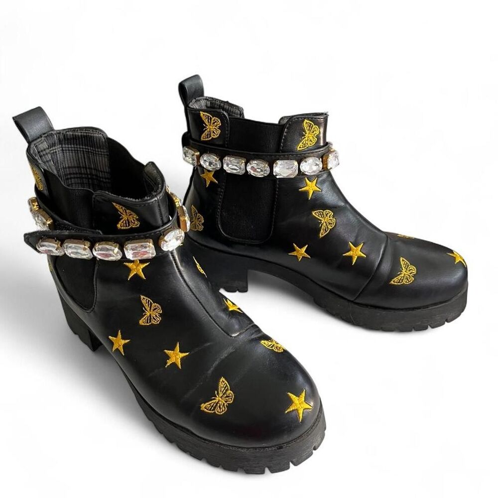 Rare Embroidered and Rhinestoned Women's Black Boots - Picture 3 of 6